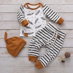 3-piece Feather Stripe Tee, Pants and Hat Set Children's clothing wholesale