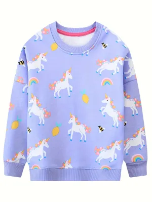 Allover Unicorns & Rainbow & Lemons Graphic Print, Girls Trendy & Casual Long Sleeve Cotton Sweatshirt For Fall & Winter, Girls Clothes