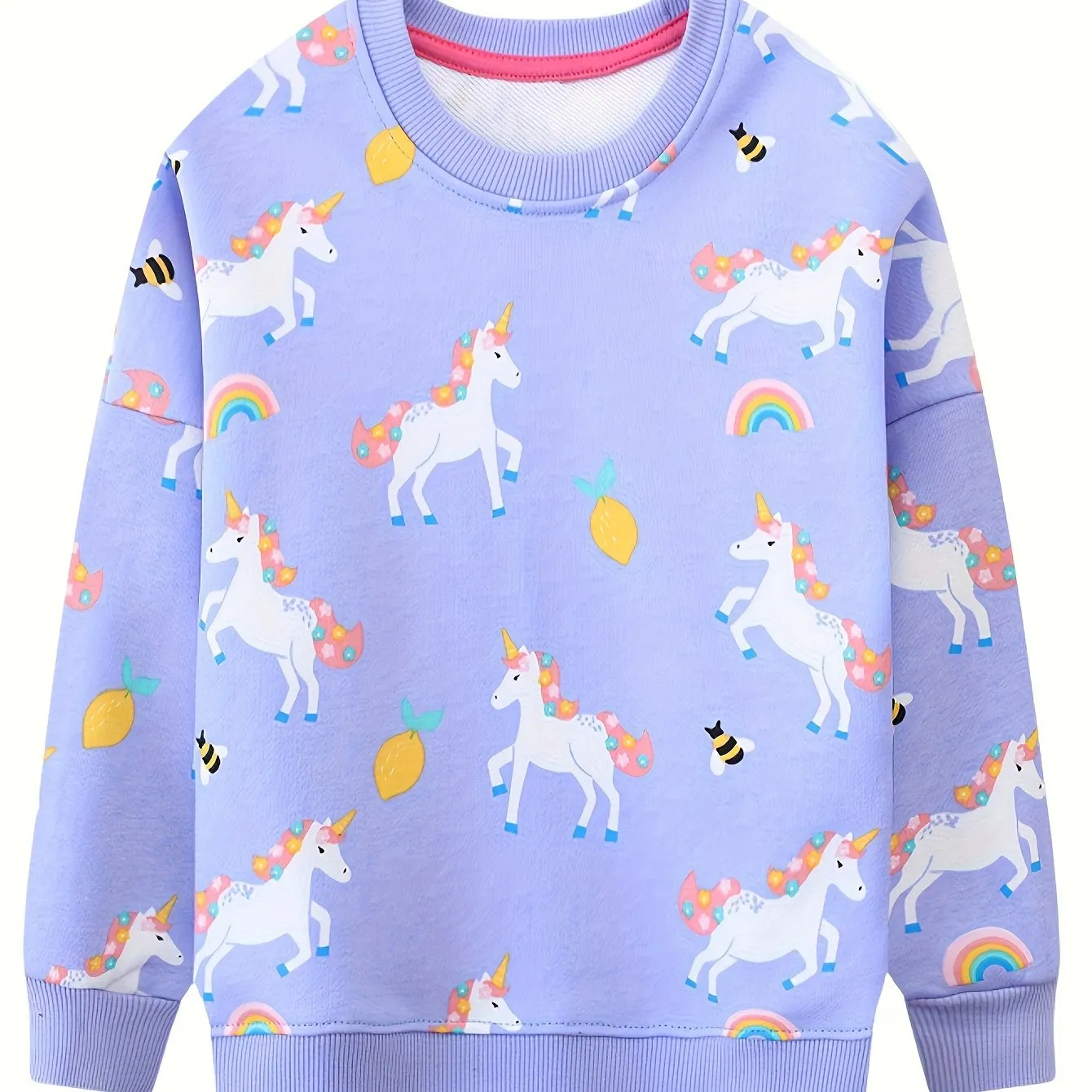 Allover Unicorns & Rainbow & Lemons Graphic Print, Girls Trendy & Casual Long Sleeve Cotton Sweatshirt For Fall & Winter, Girls Clothes