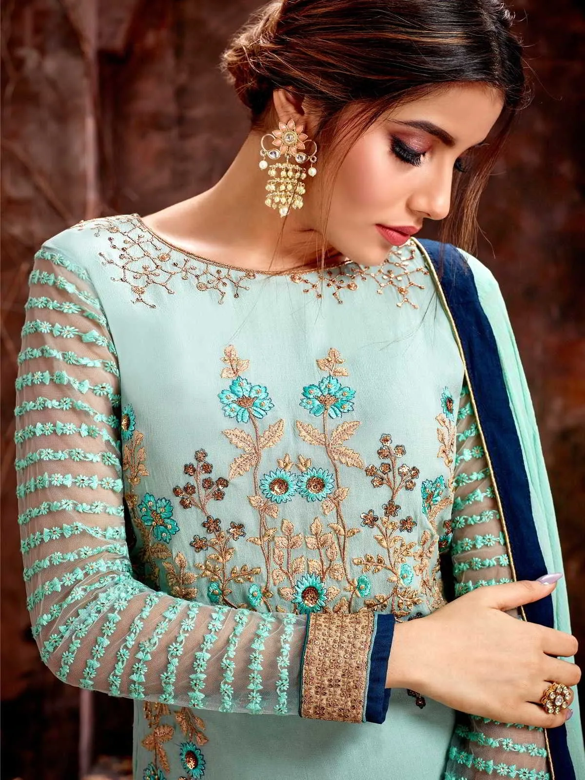 Aqua Blue Golden Traditional Embroidered Pakistani Palazzo Suit