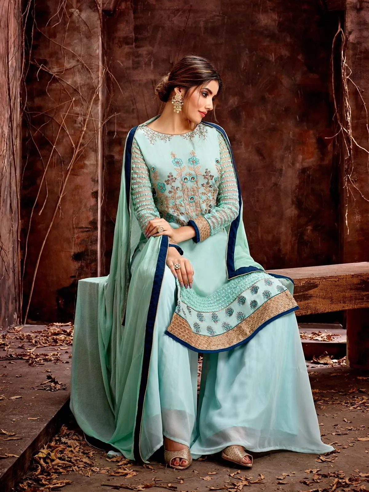 Aqua Blue Golden Traditional Embroidered Pakistani Palazzo Suit