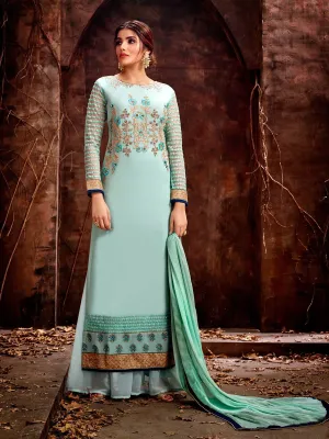 Aqua Blue Golden Traditional Embroidered Pakistani Palazzo Suit