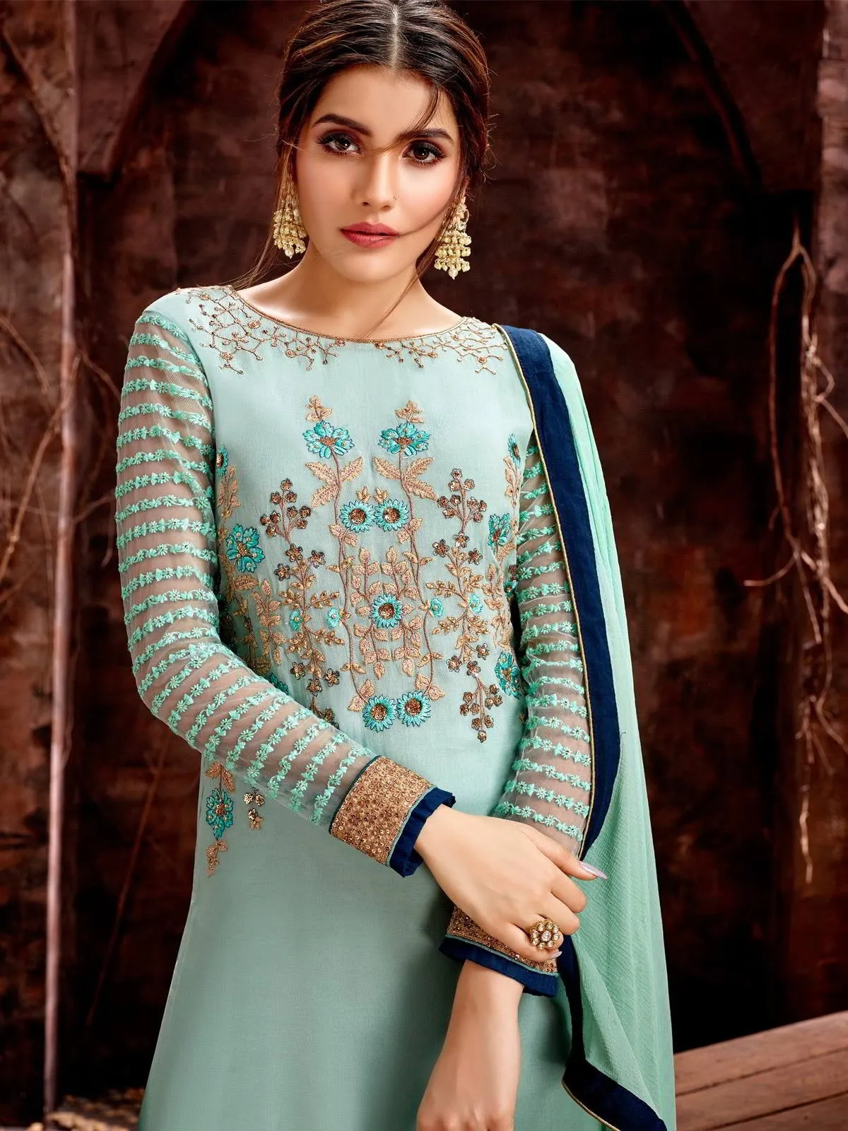 Aqua Blue Golden Traditional Embroidered Pakistani Palazzo Suit