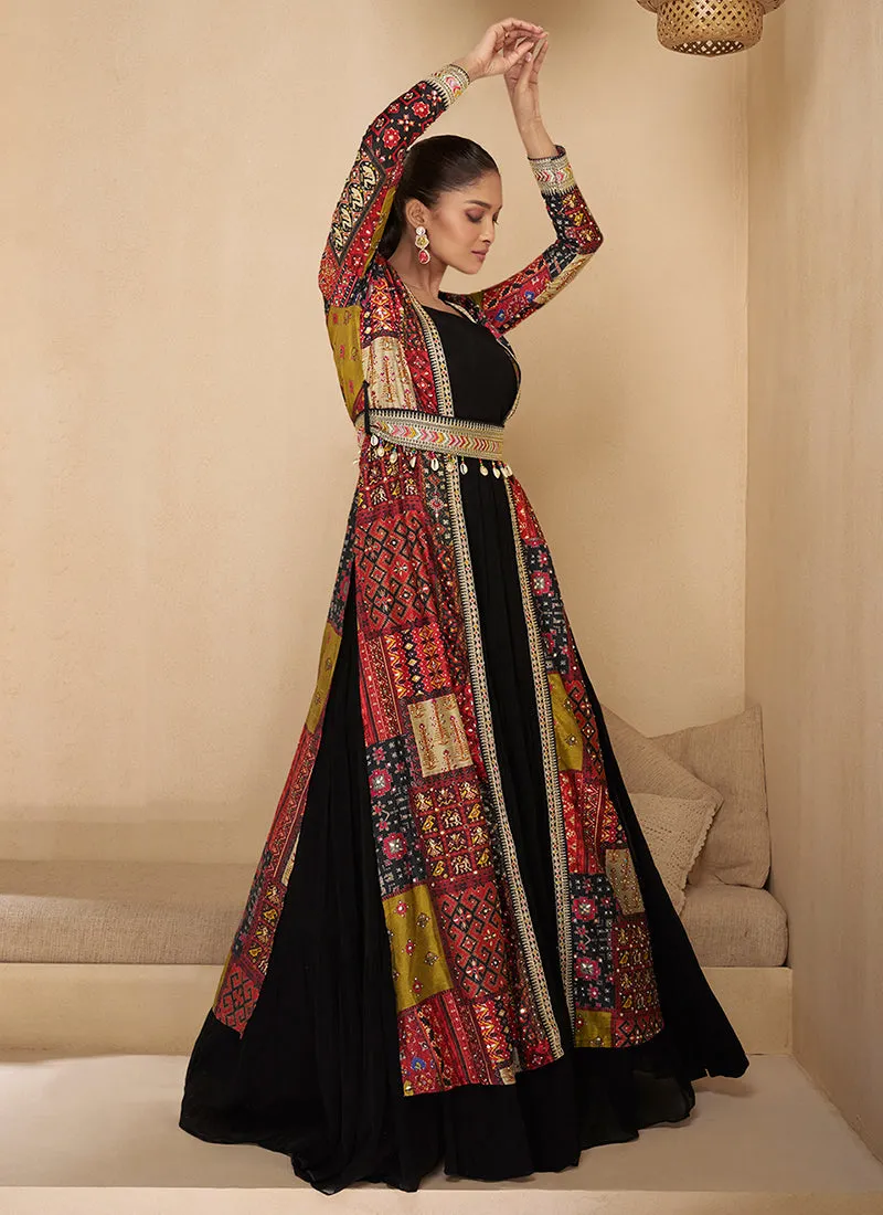 Black And Red Embroidered Jacket Style Anarkali Gown