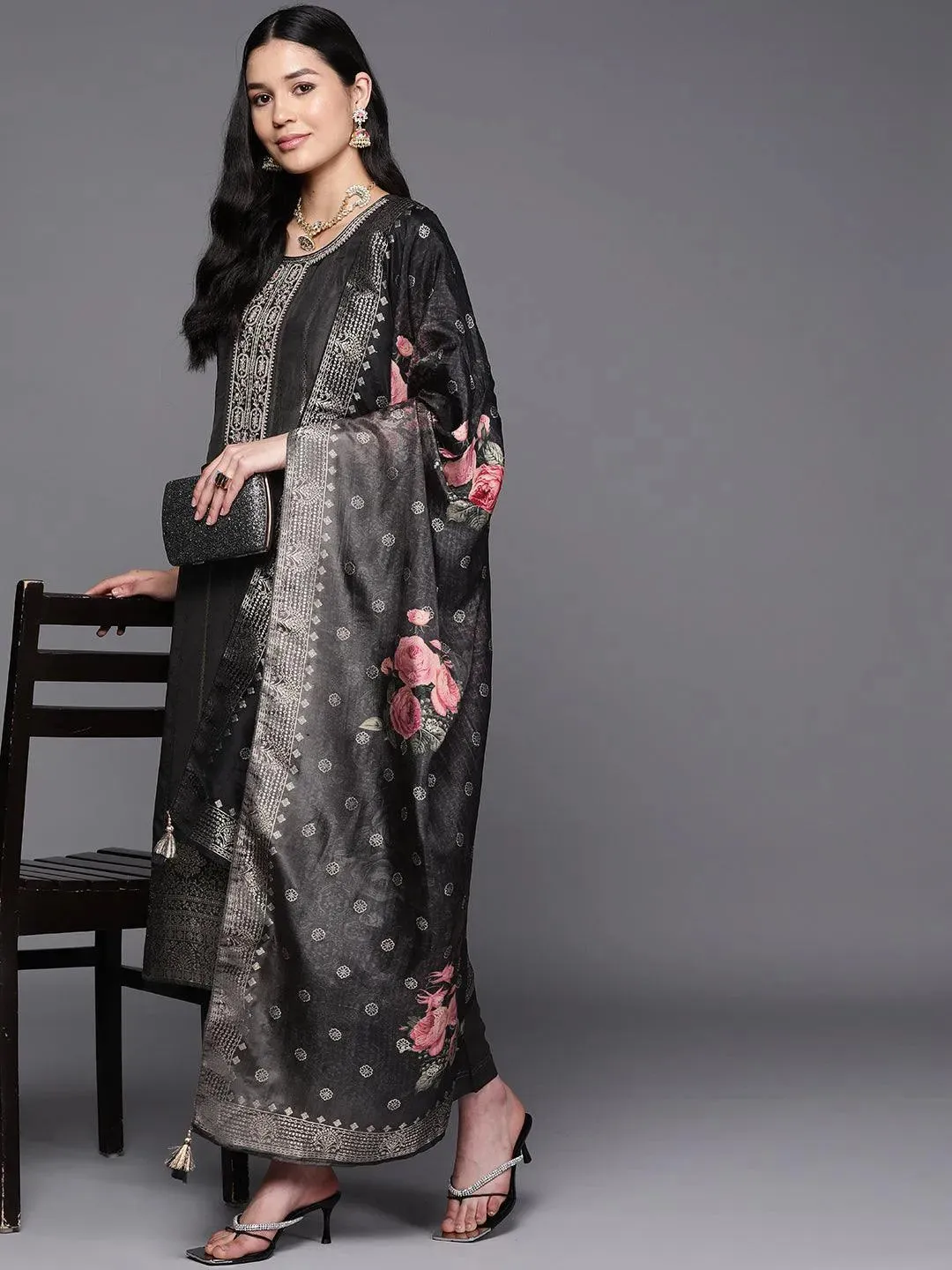 Black Self Design Silk Straight Kurta With Trousers & Dupatta