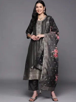 Black Self Design Silk Straight Kurta With Trousers & Dupatta