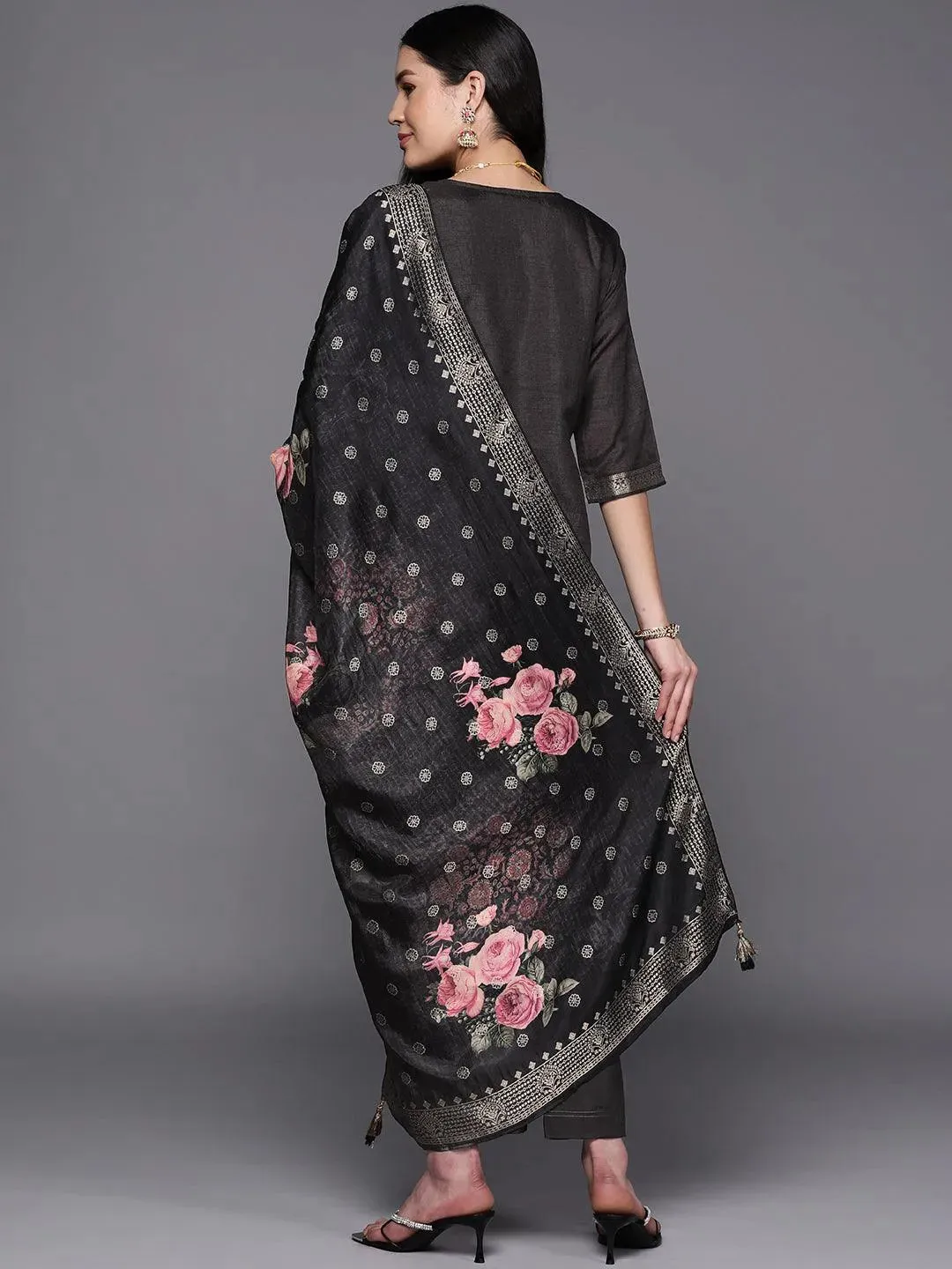 Black Self Design Silk Straight Kurta With Trousers & Dupatta