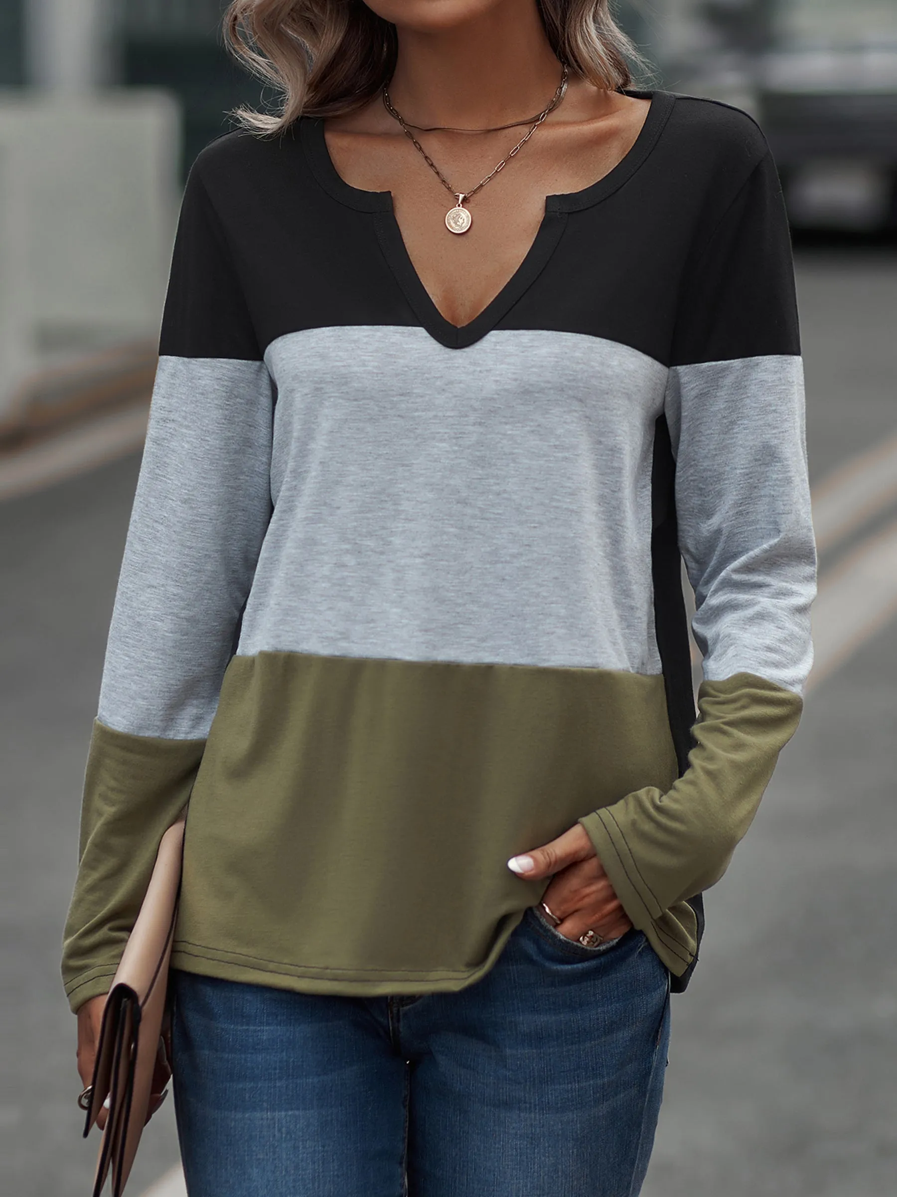 Color Block Long Sleeve Tri-Tone V-Neck Casual Shirts