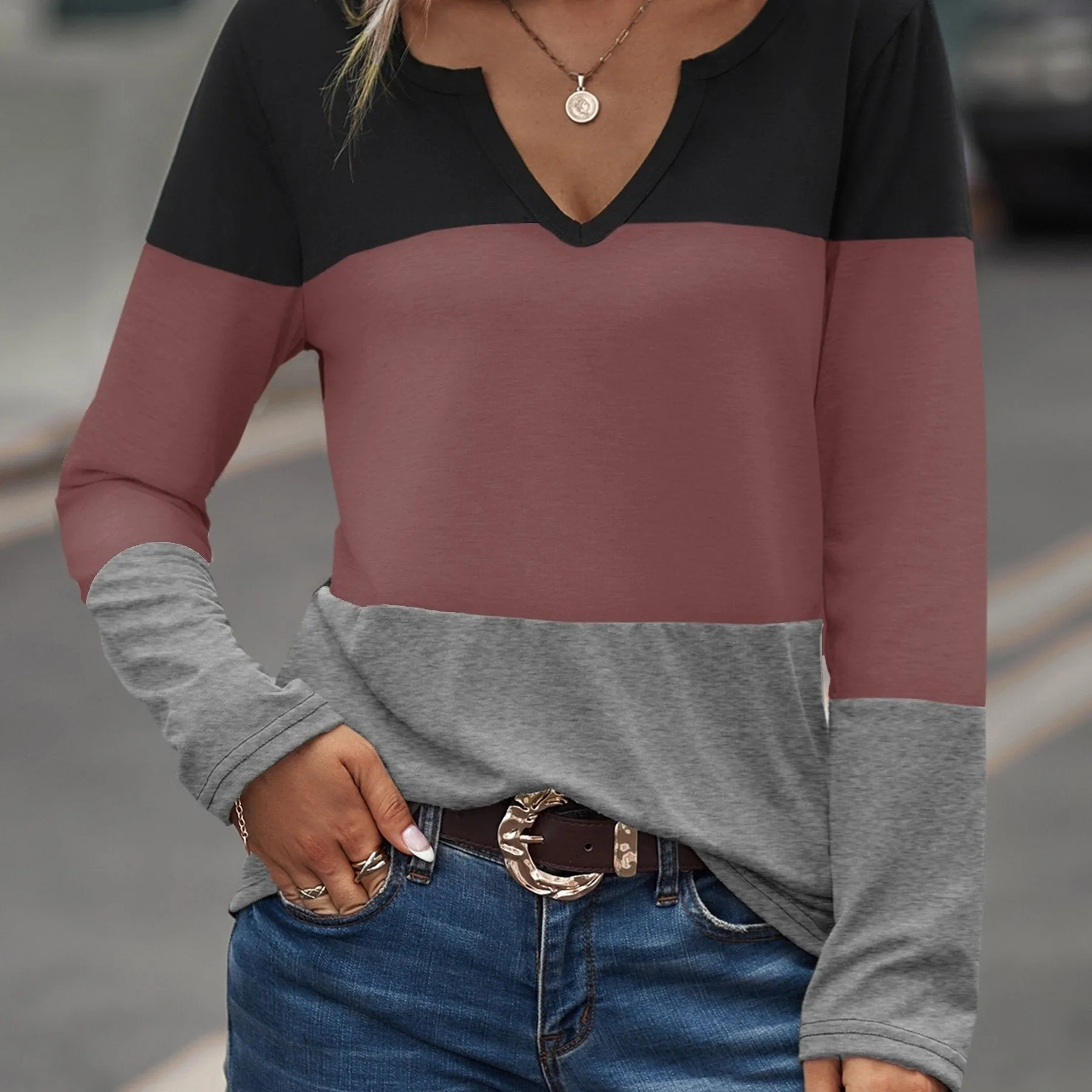 Color Block Long Sleeve Tri-Tone V-Neck Casual Shirts