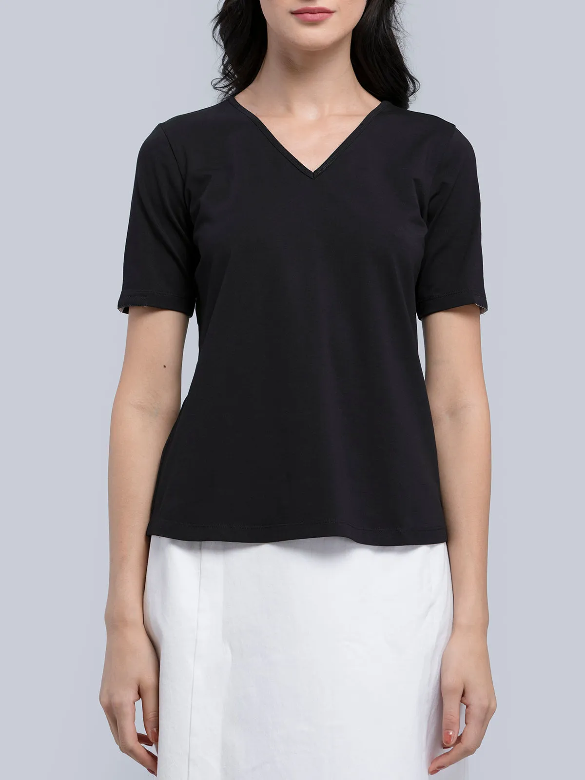 Cotton V Neck Knitted T Shirt - Black