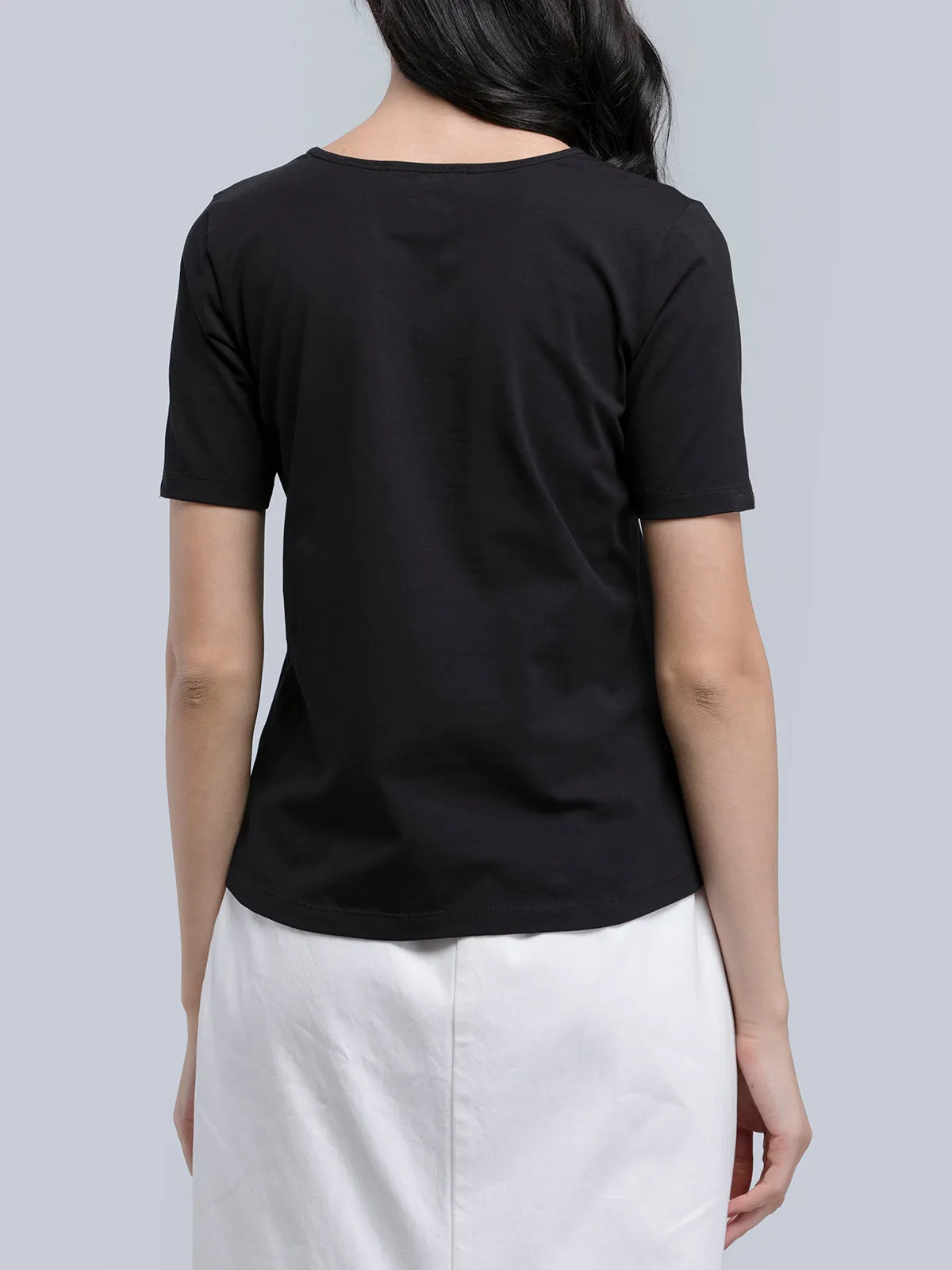 Cotton V Neck Knitted T Shirt - Black