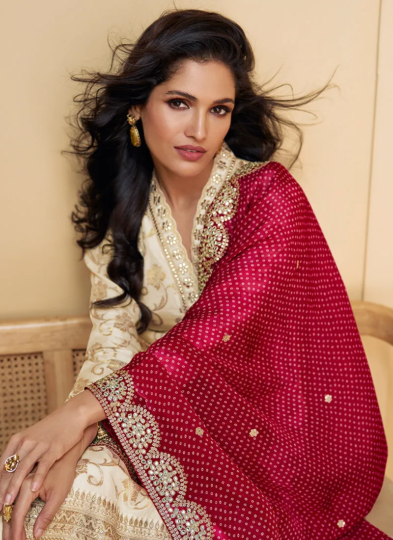 Cream And Red Traditional Embroidery Silk Salwar Kameez Suit