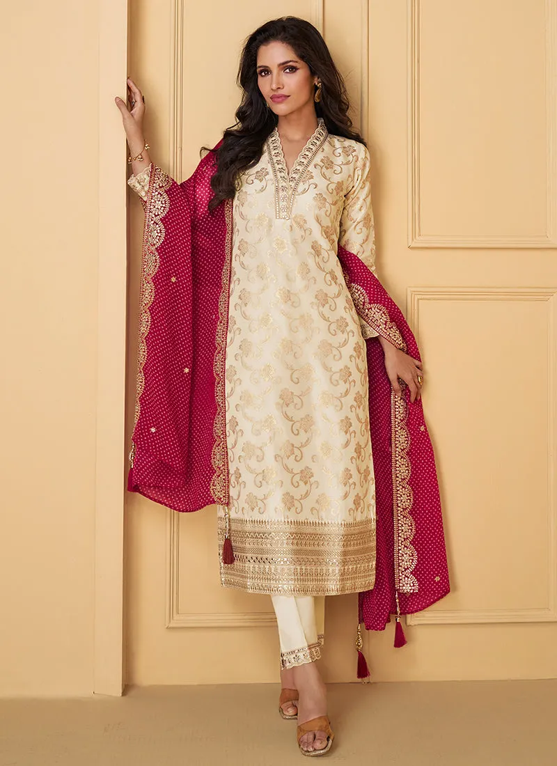 Cream And Red Traditional Embroidery Silk Salwar Kameez Suit