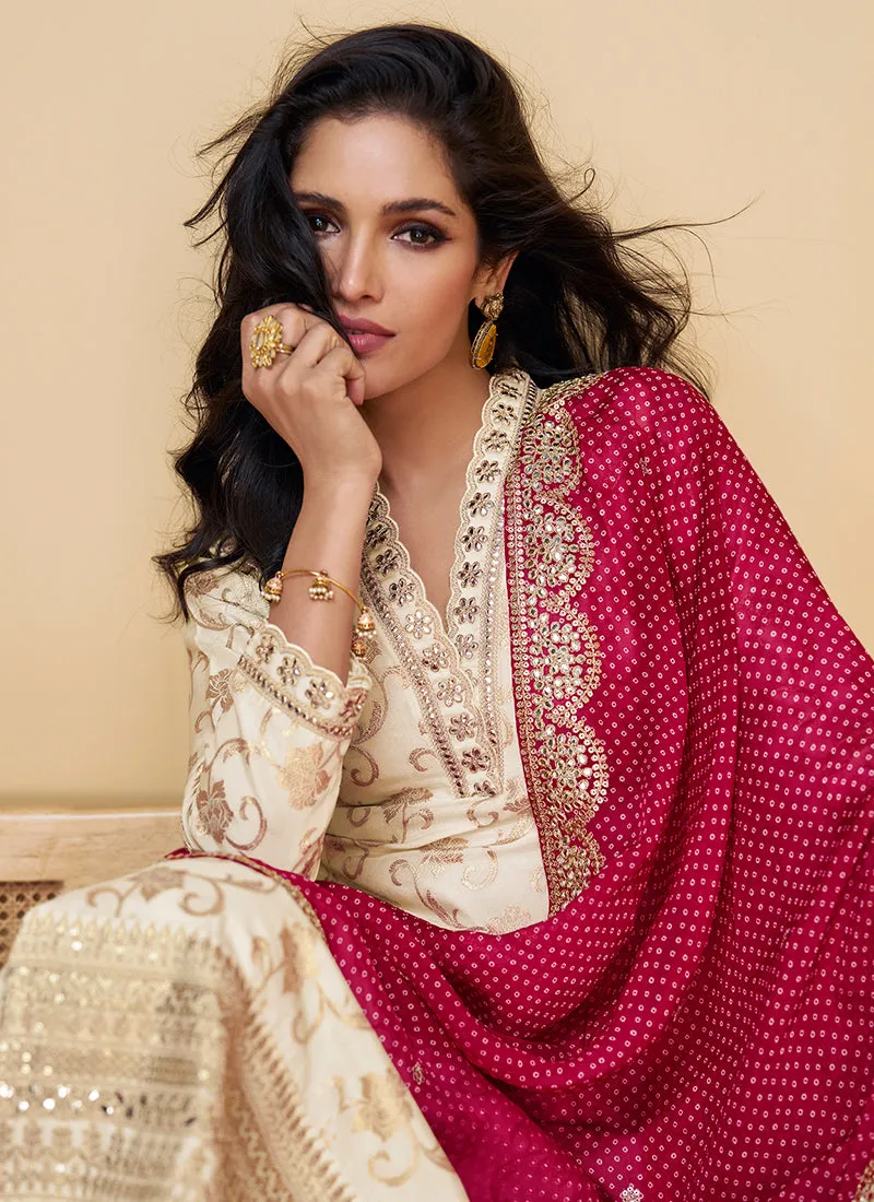 Cream And Red Traditional Embroidery Silk Salwar Kameez Suit