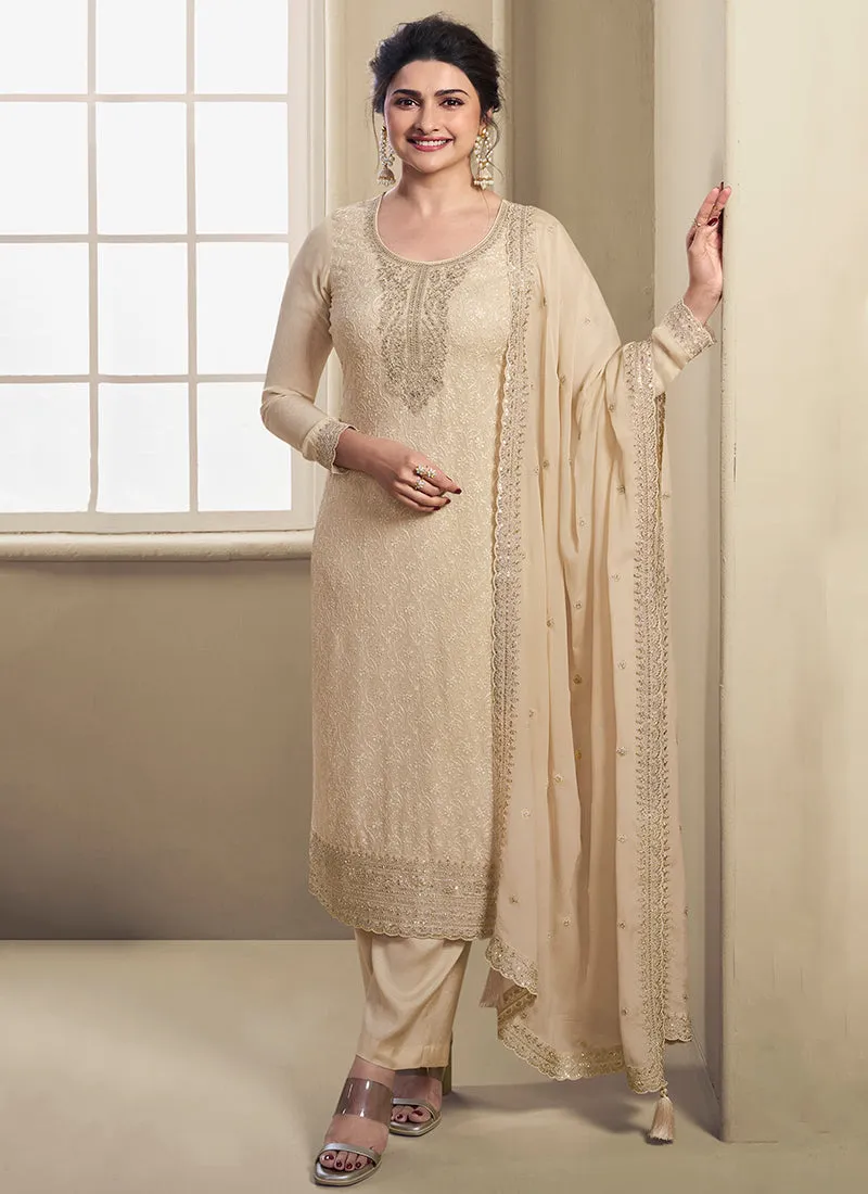 Cream Beige Chikankari Embroidered Pakistani Pant Suit