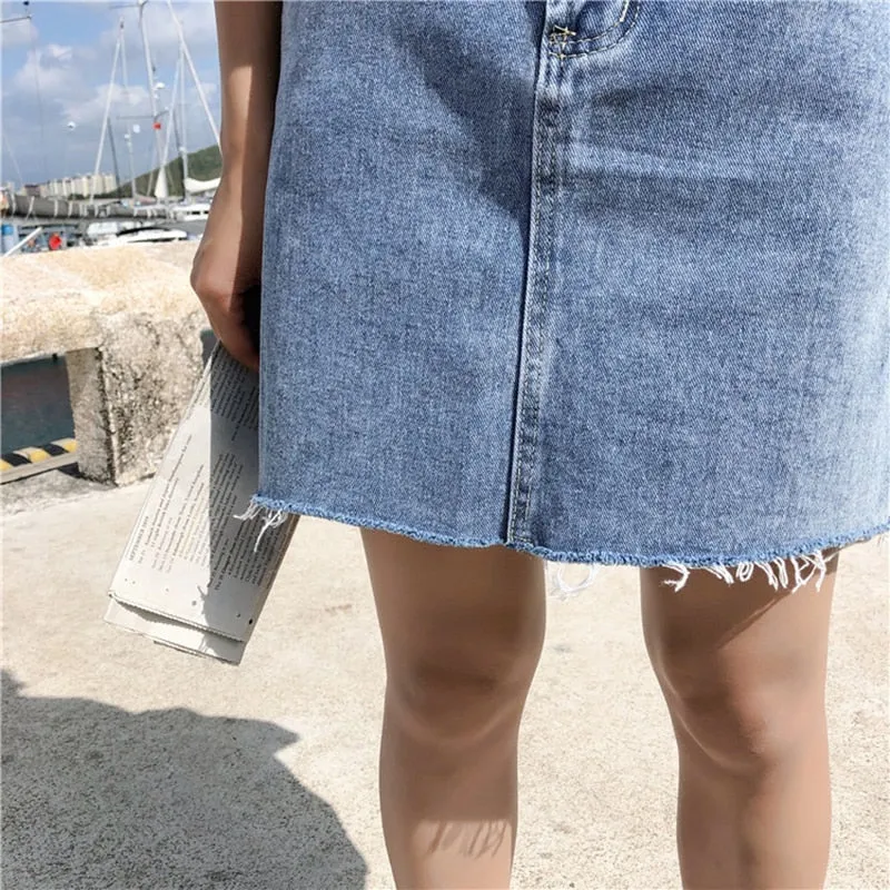 Denim Skirt Women Blue Solid Casual High Waist A Line Denim Skirt