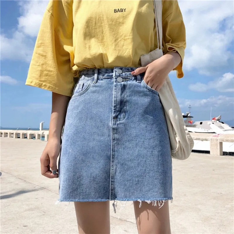 Denim Skirt Women Blue Solid Casual High Waist A Line Denim Skirt