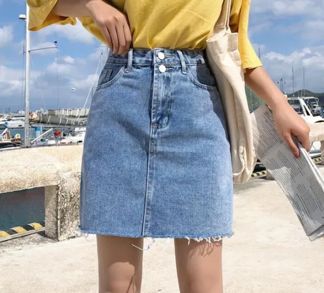 Denim Skirt Women Blue Solid Casual High Waist A Line Denim Skirt