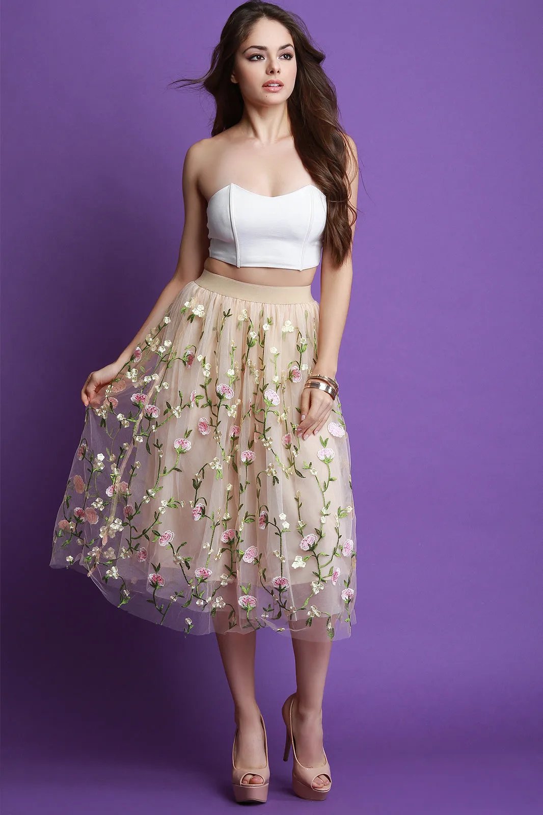 Embroidered Floral Mesh A-Line Skirt