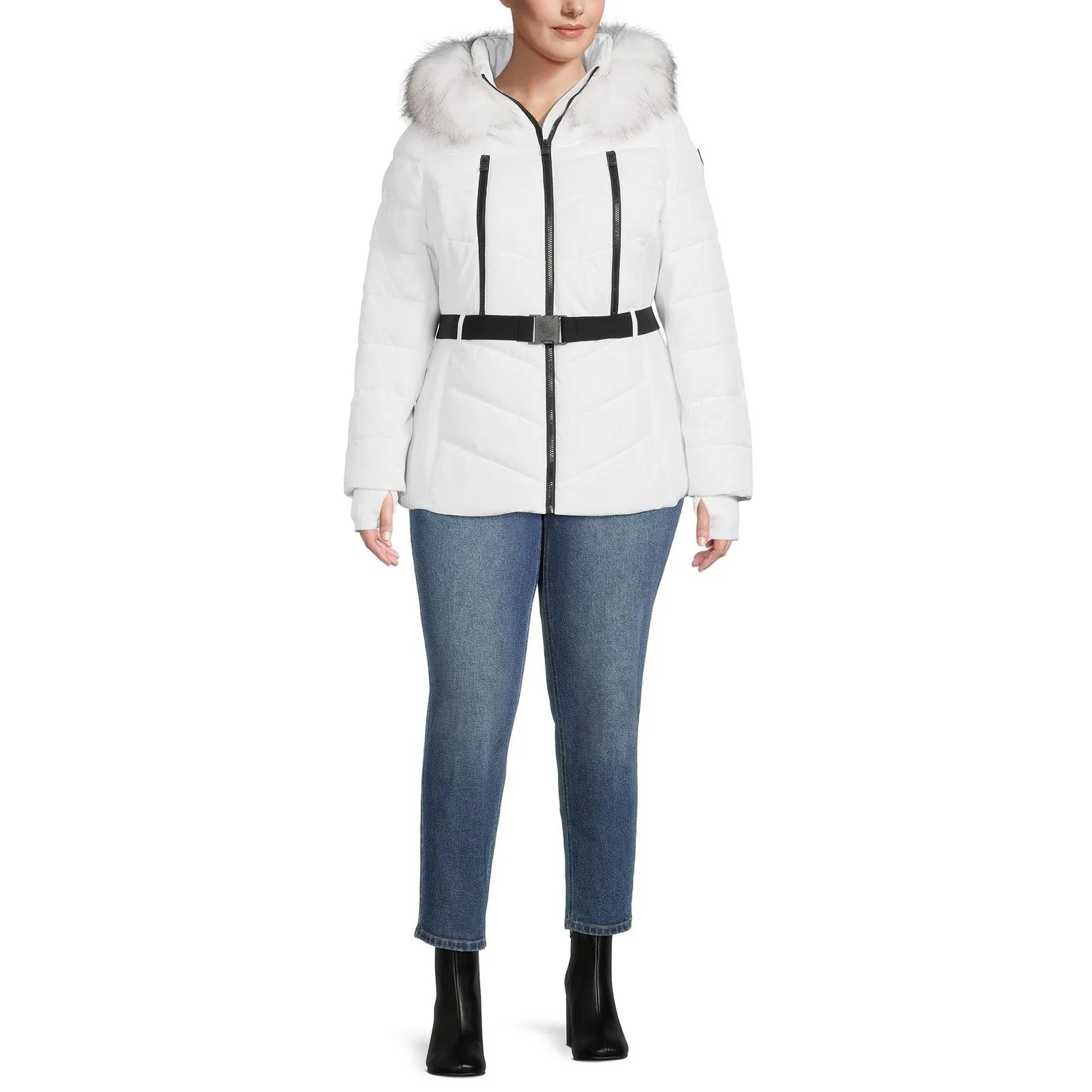 F.O.G. Women's and Plus Belted Puffer Coat with Faux Fur Hood