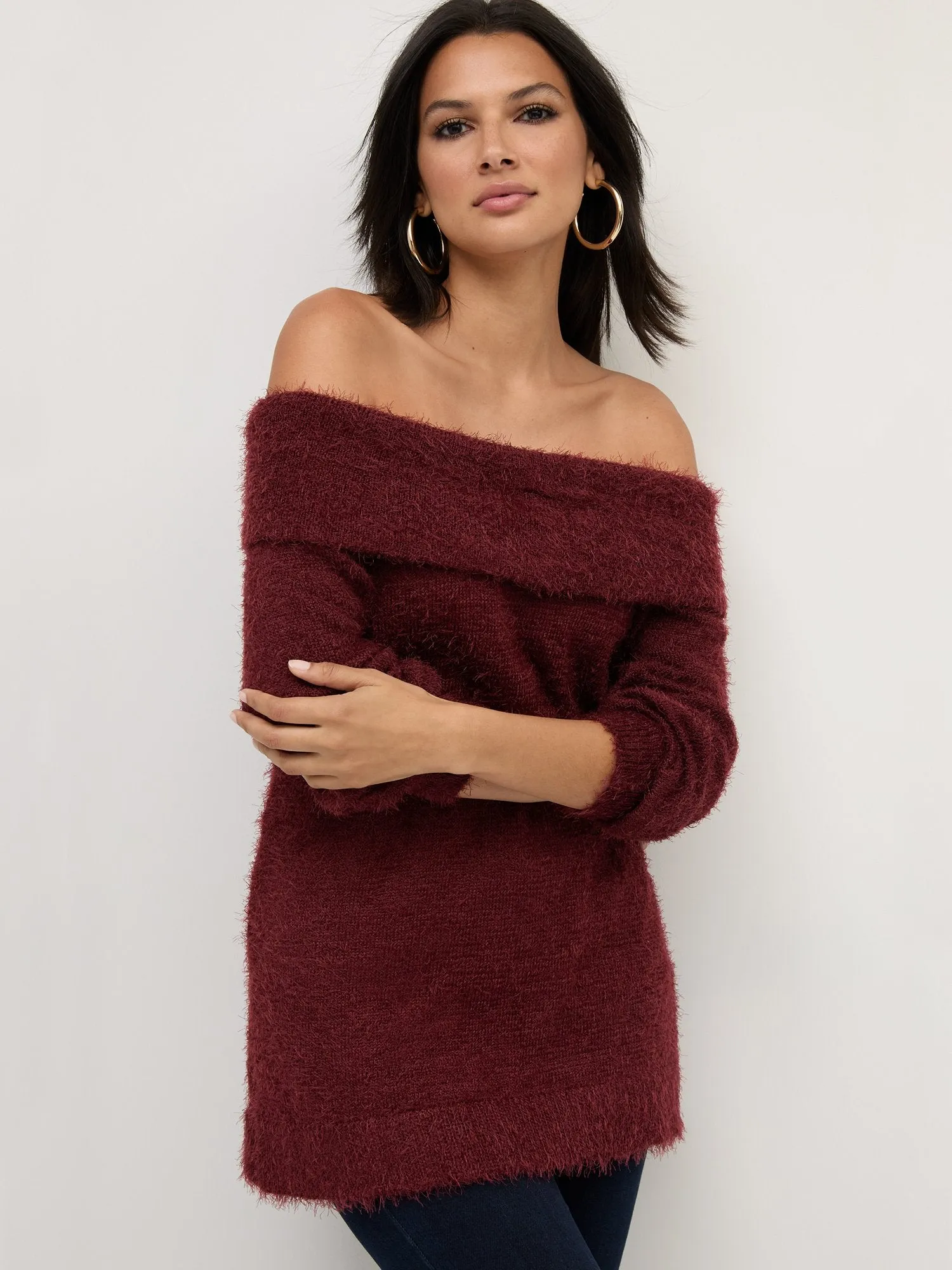 Fuzzy Off-The-Shoulder Pullover Sweater