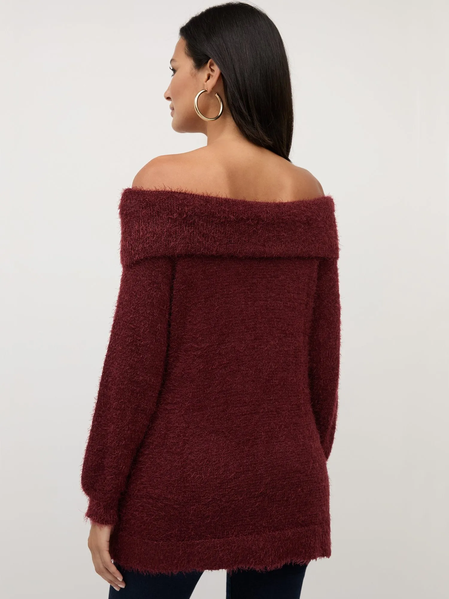 Fuzzy Off-The-Shoulder Pullover Sweater