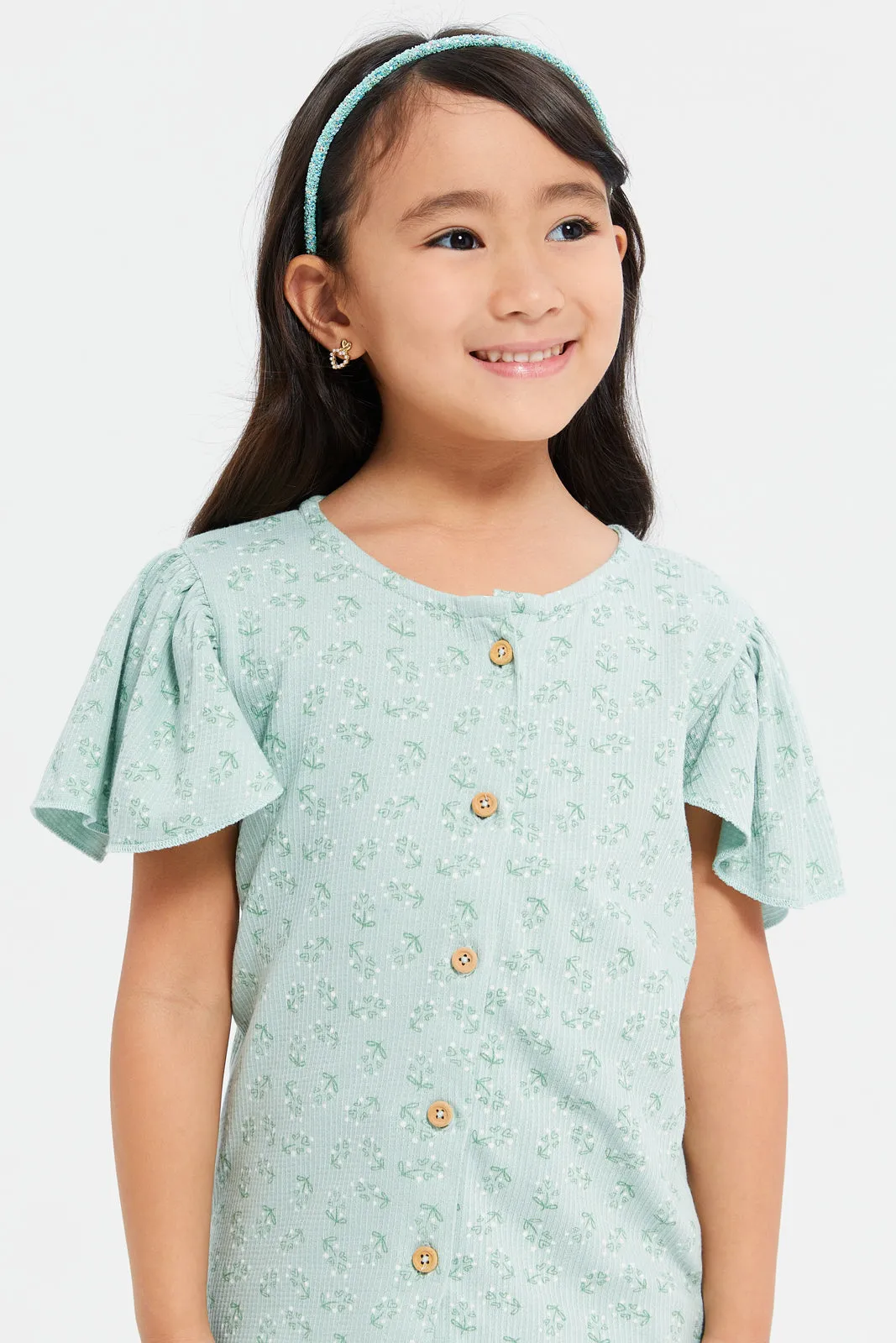 Girls Green Front Open Textured Knit Printed Top