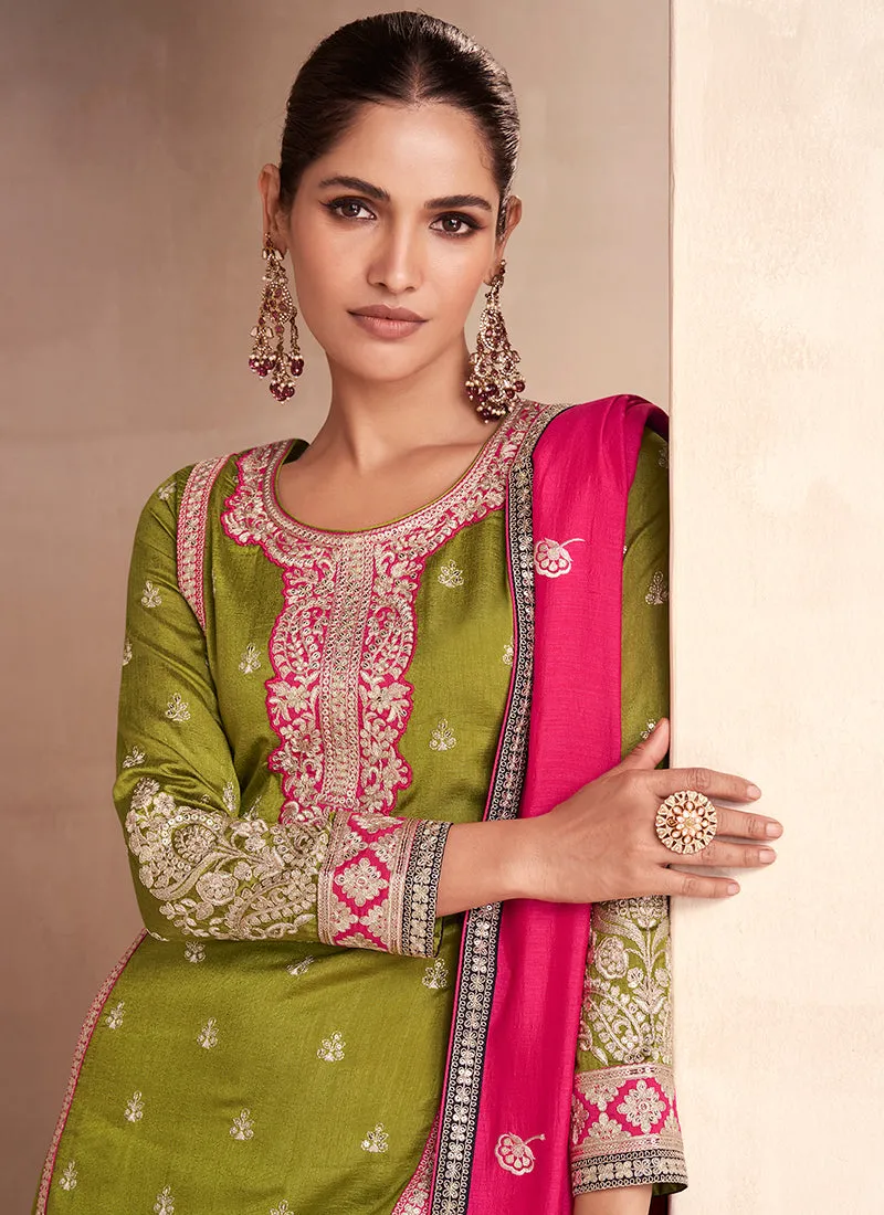 Green And Pink Embroidered Festive Palazzo Suit