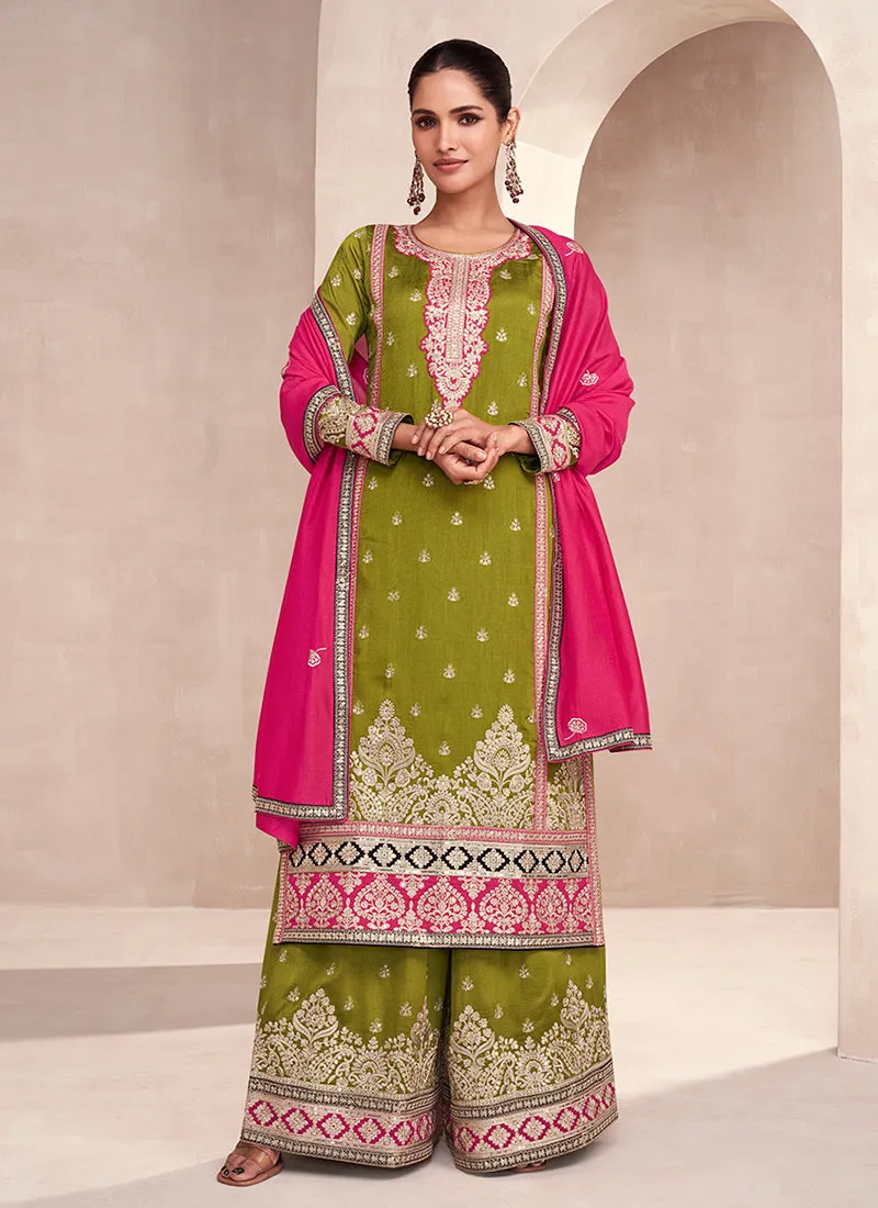 Green And Pink Embroidered Festive Palazzo Suit