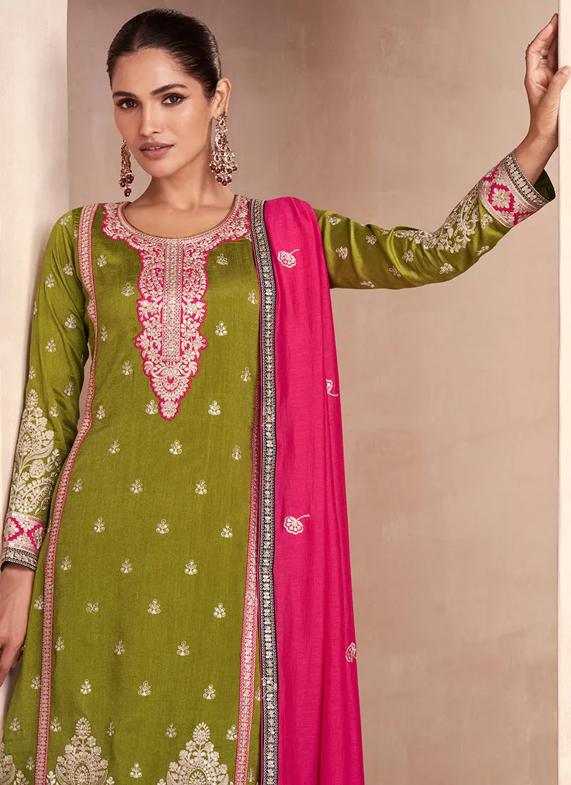 Green And Pink Embroidered Festive Palazzo Suit