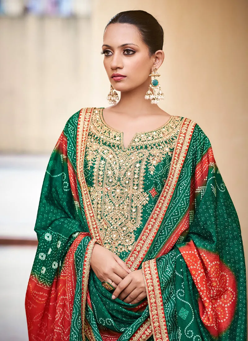 Green And Red Mirror Embroidery Bandhani Palazzo Suit