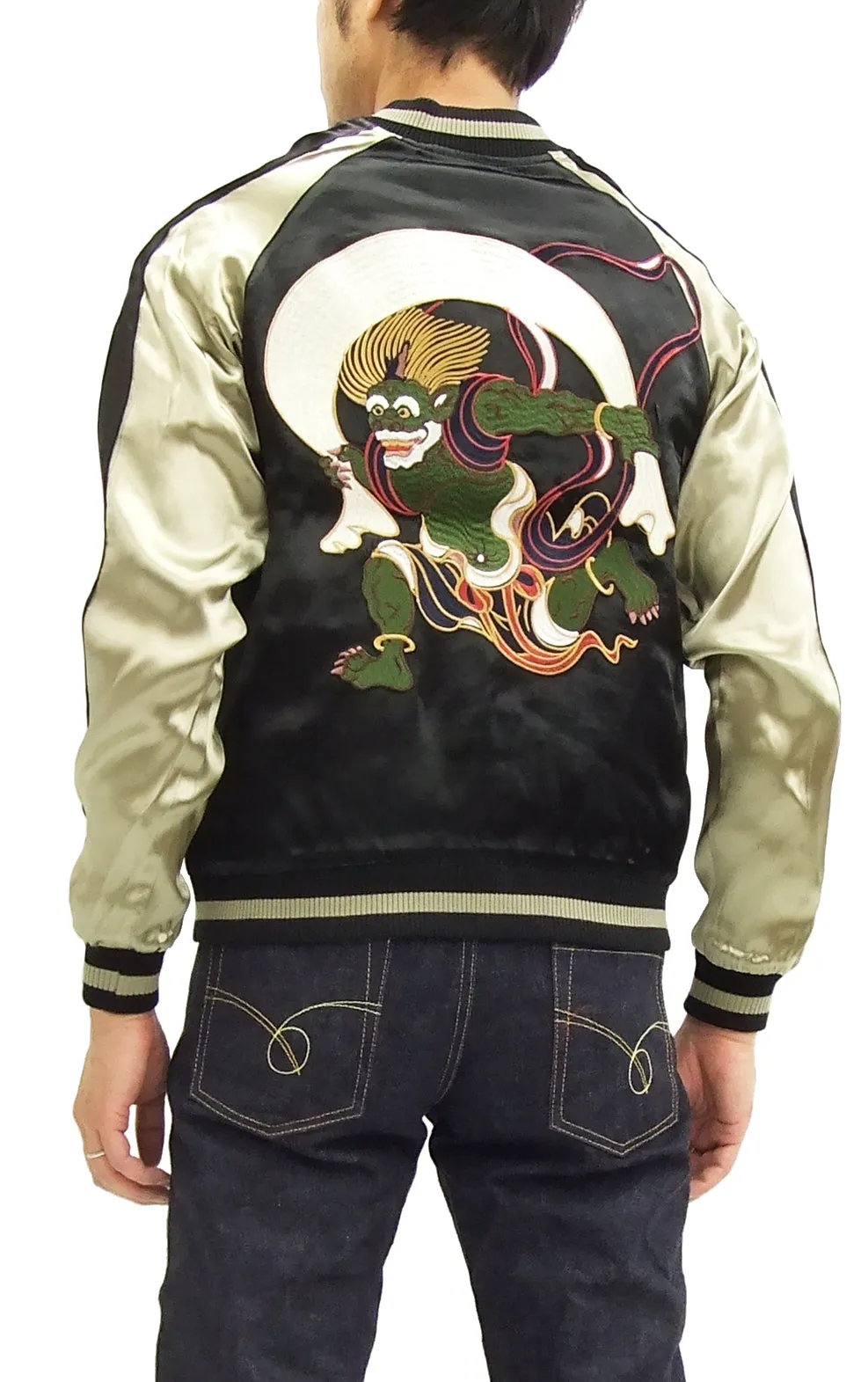 Japanesque Japanese Souvenir Jacket 3RSJ-020 Fujin Raijin Men's Sukajan Black/Gold