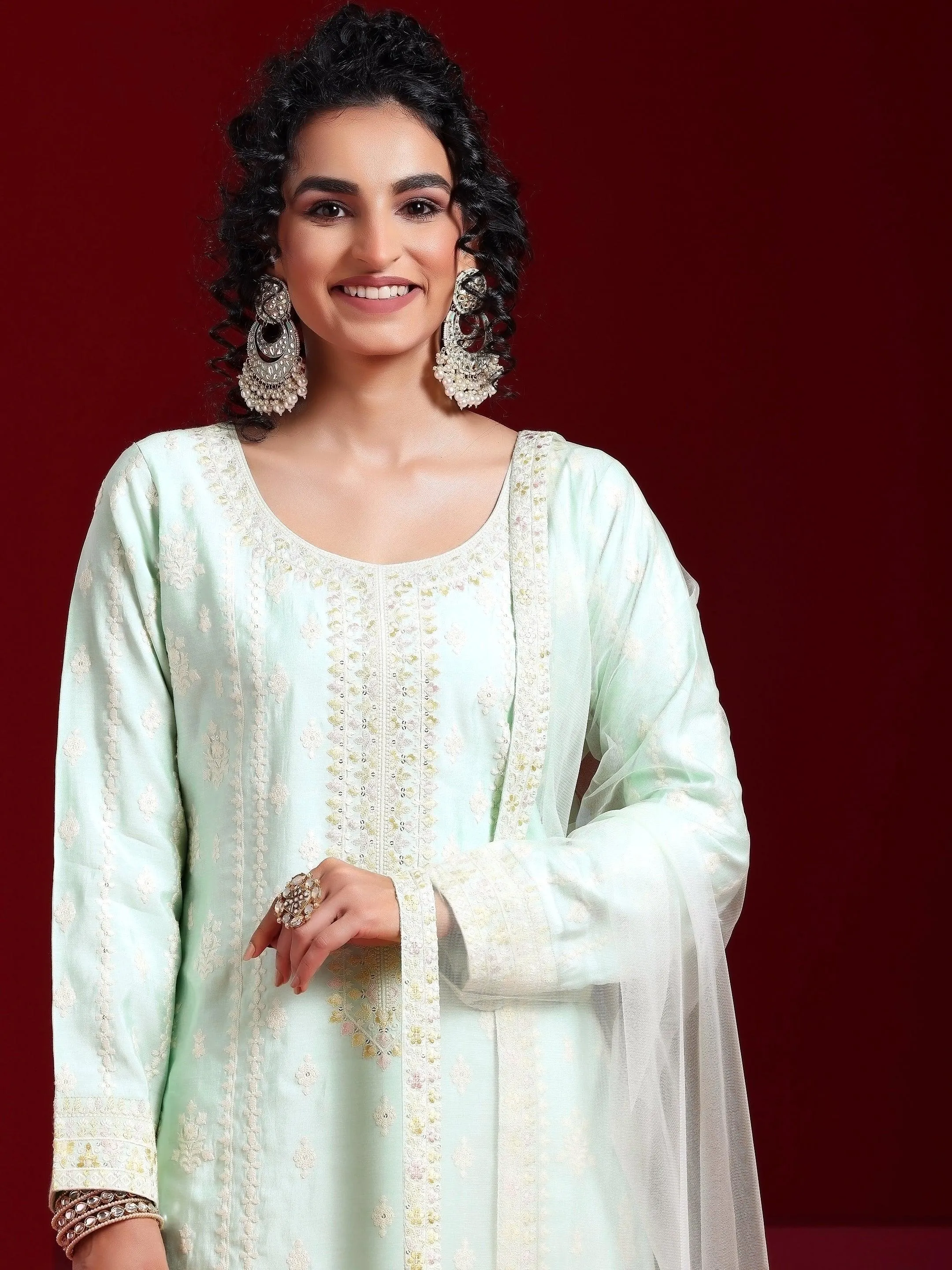 Jashvi Art Sea Green Embroidered Silk Blend Straight Suit With Dupatta