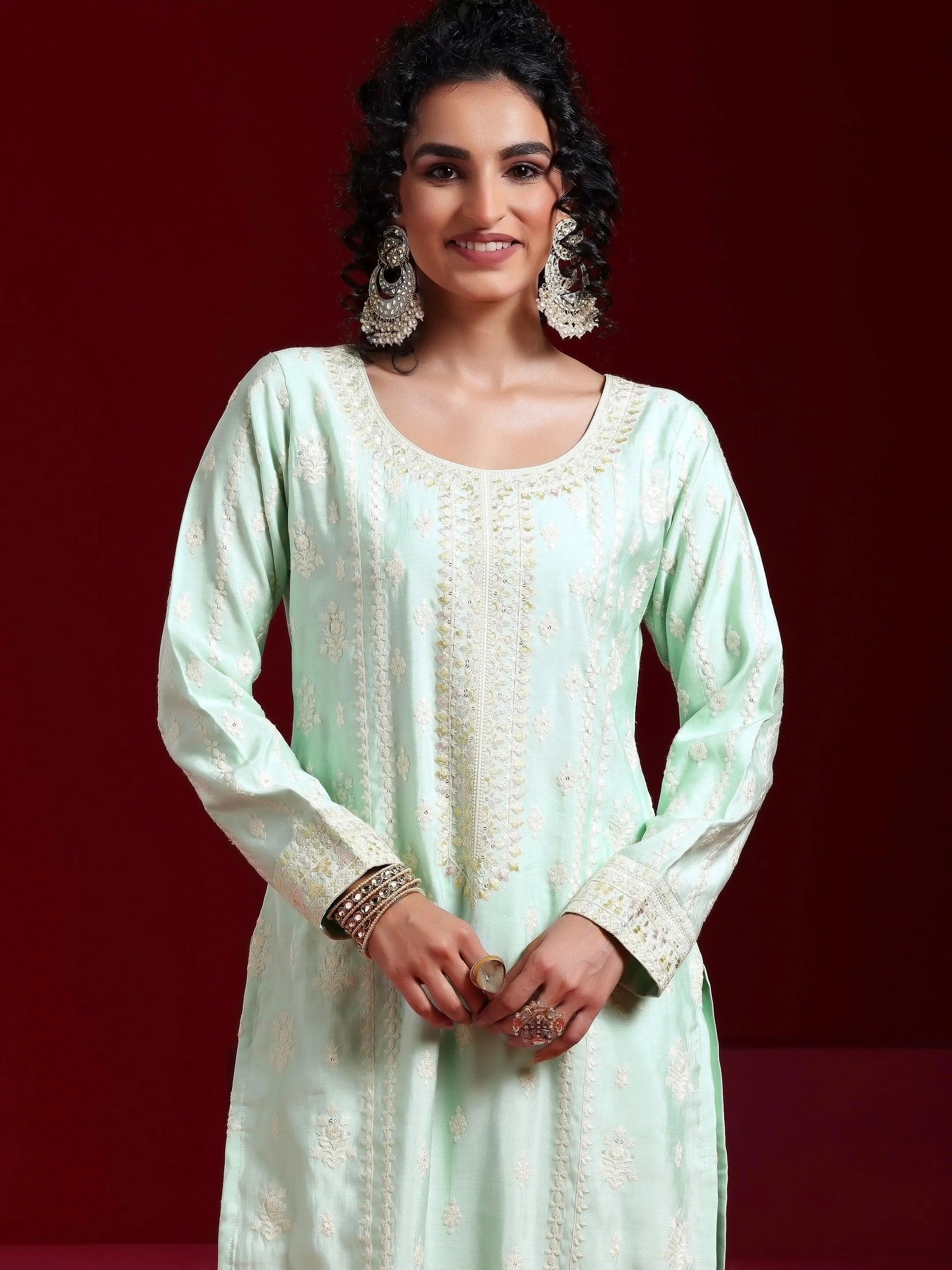 Jashvi Art Sea Green Embroidered Silk Blend Straight Suit With Dupatta