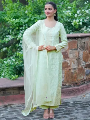 Jashvi Art Sea Green Embroidered Silk Blend Straight Suit With Dupatta