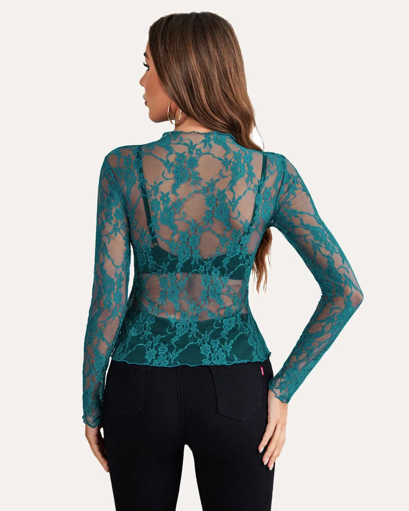 Long Sleeve Floral Lace Sheer Blouse