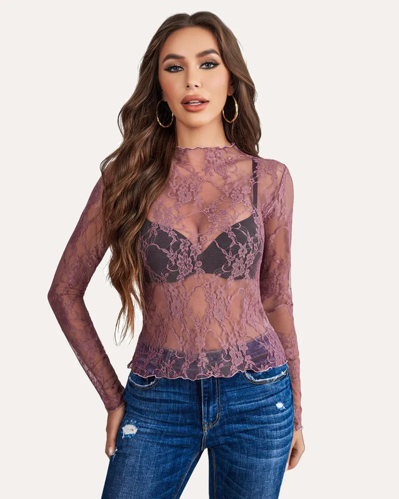 Long Sleeve Floral Lace Sheer Blouse