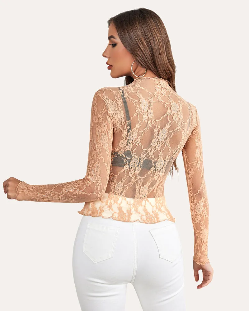 Long Sleeve Floral Lace Sheer Blouse