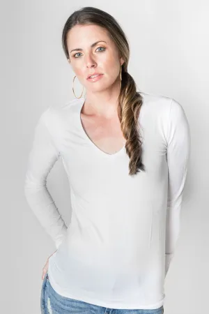 Majestic Long Sleeve Viscose V-Neck Tee in Blanc/White