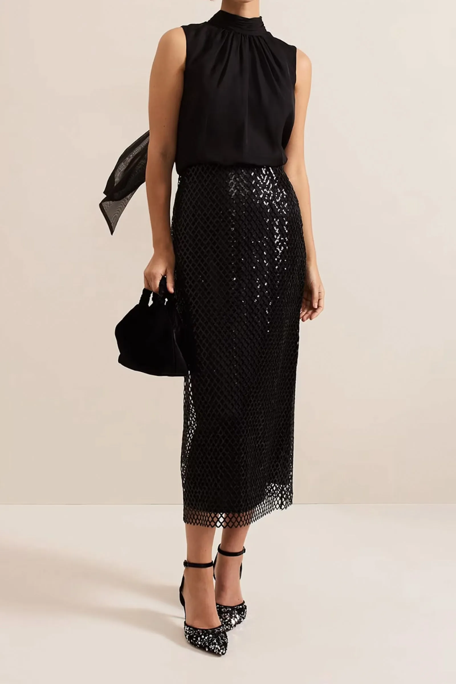 Mauve Black Mesh Sequin Midi Skirt