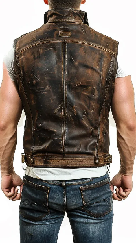 Men Atlas Distressed Brown Leather Vest