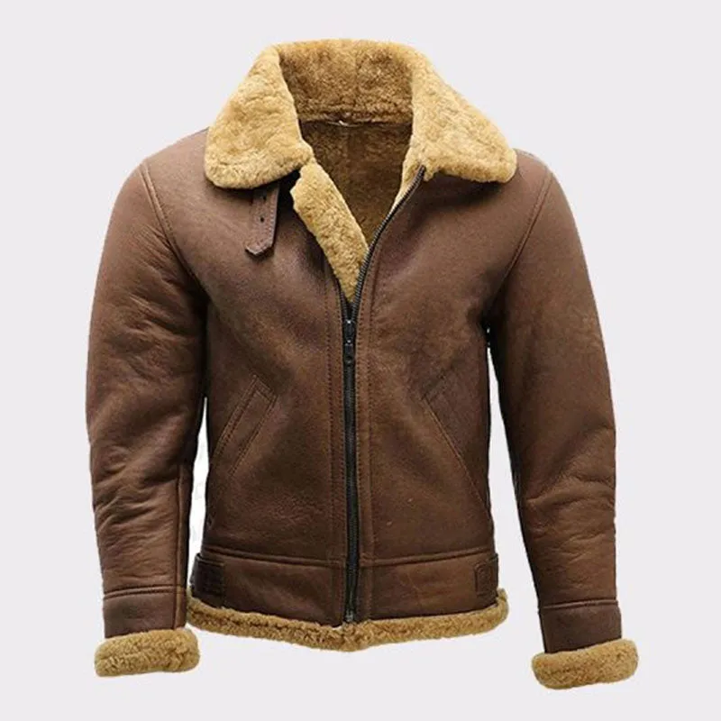 Men’s Brown B3 Sheepskin WW2 Shearling Leather Bomber Jacket