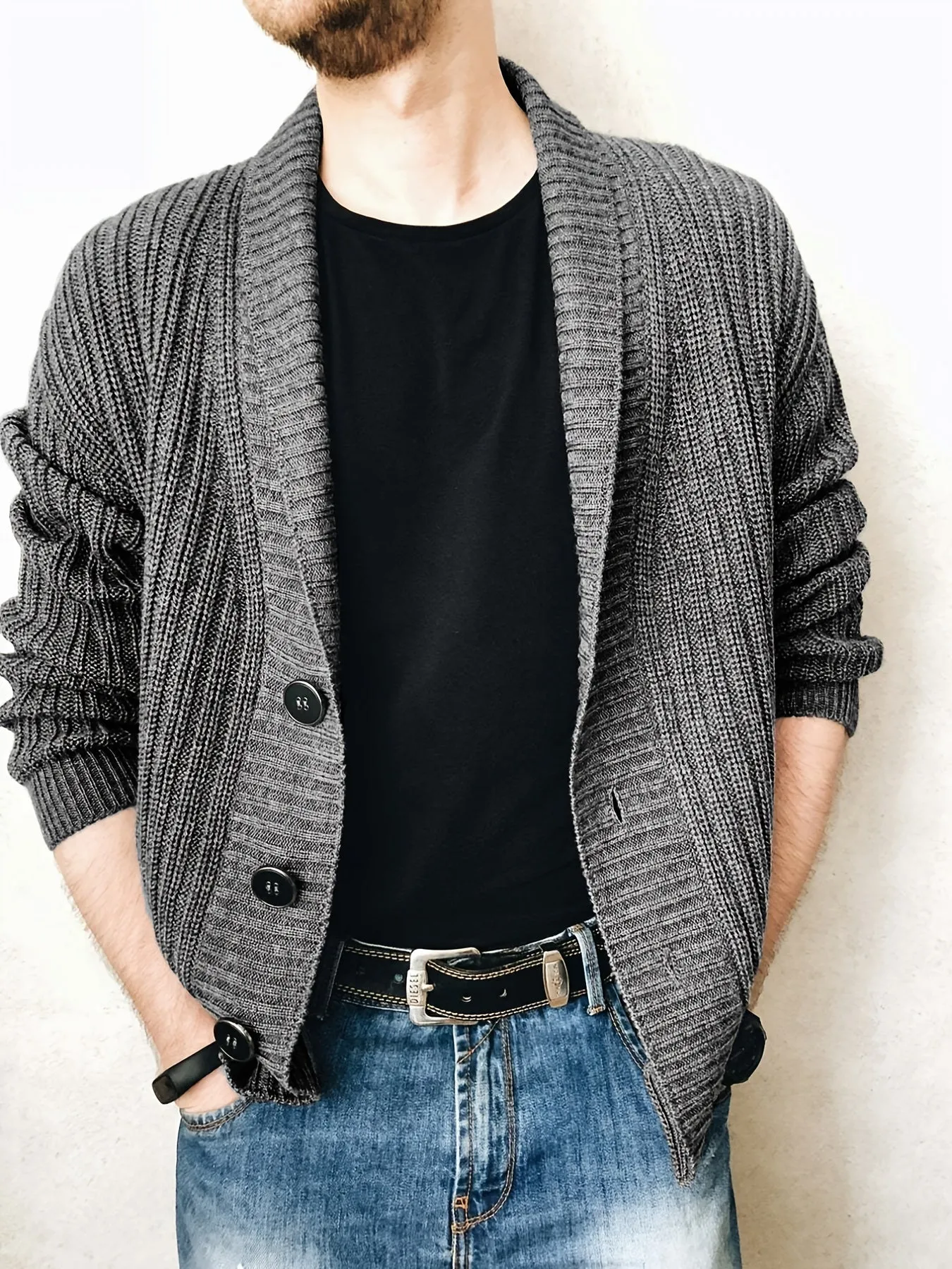 Men's Casual Shawl Collar Cardigan Long Sleeve Button Down Cardigan Lightweight Open Front V Neck Sweater