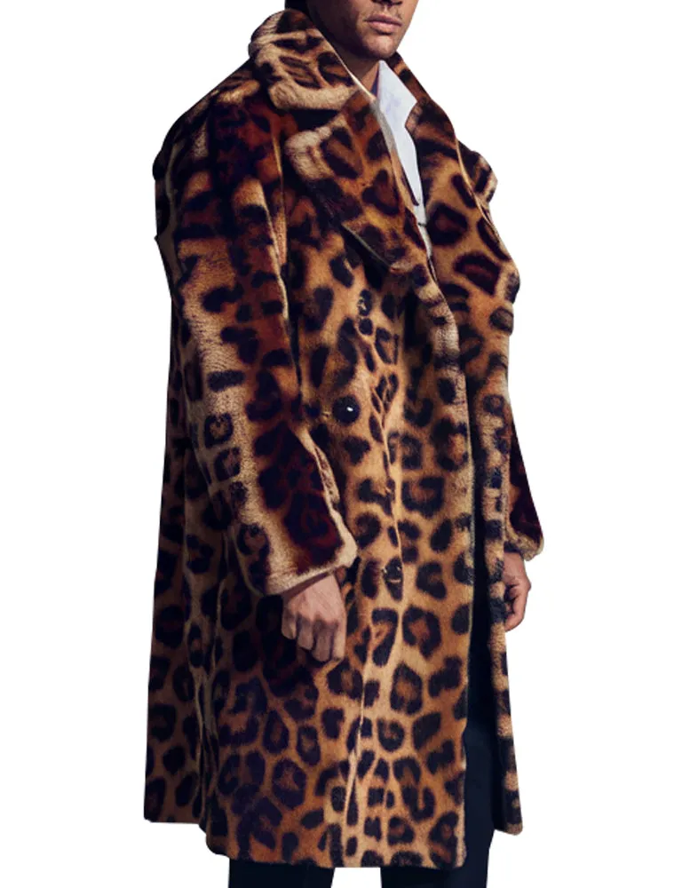 Men's Luxe Leopard Print Faux Fur Long Coat