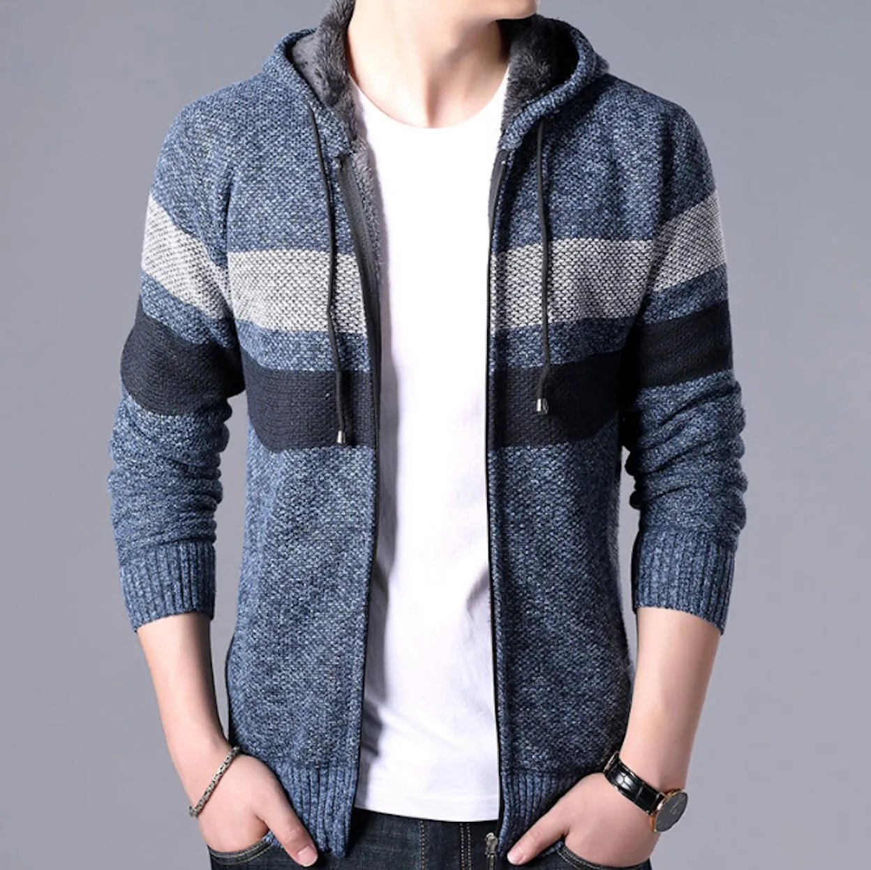 Mens Striped Knit Cardigan with Hood