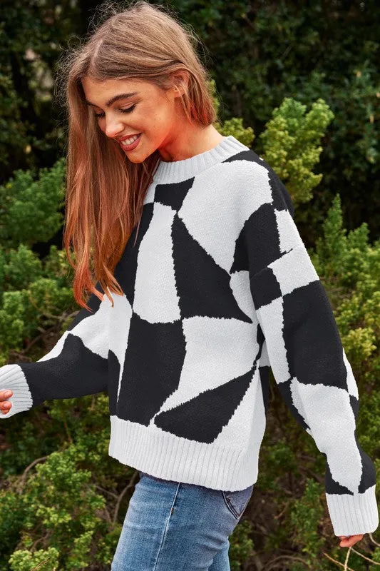 Multi Geo Checker Pullover Knit Sweater Top