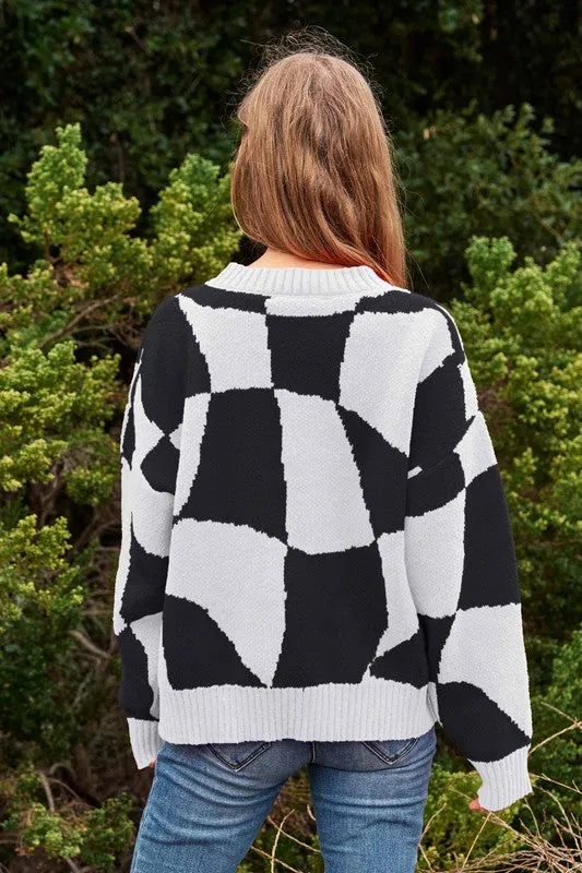 Multi Geo Checker Pullover Knit Sweater Top