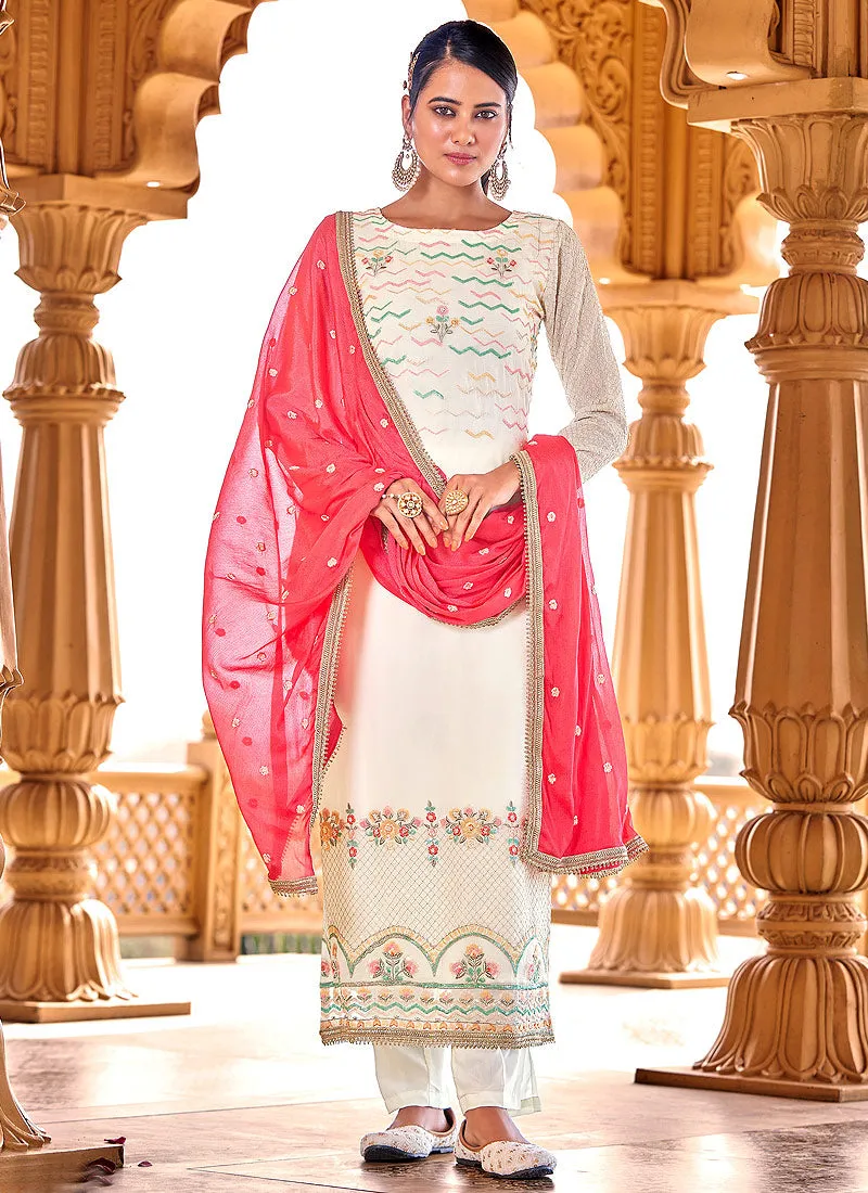 Off White Embroidered Georgette Pant Style Suit