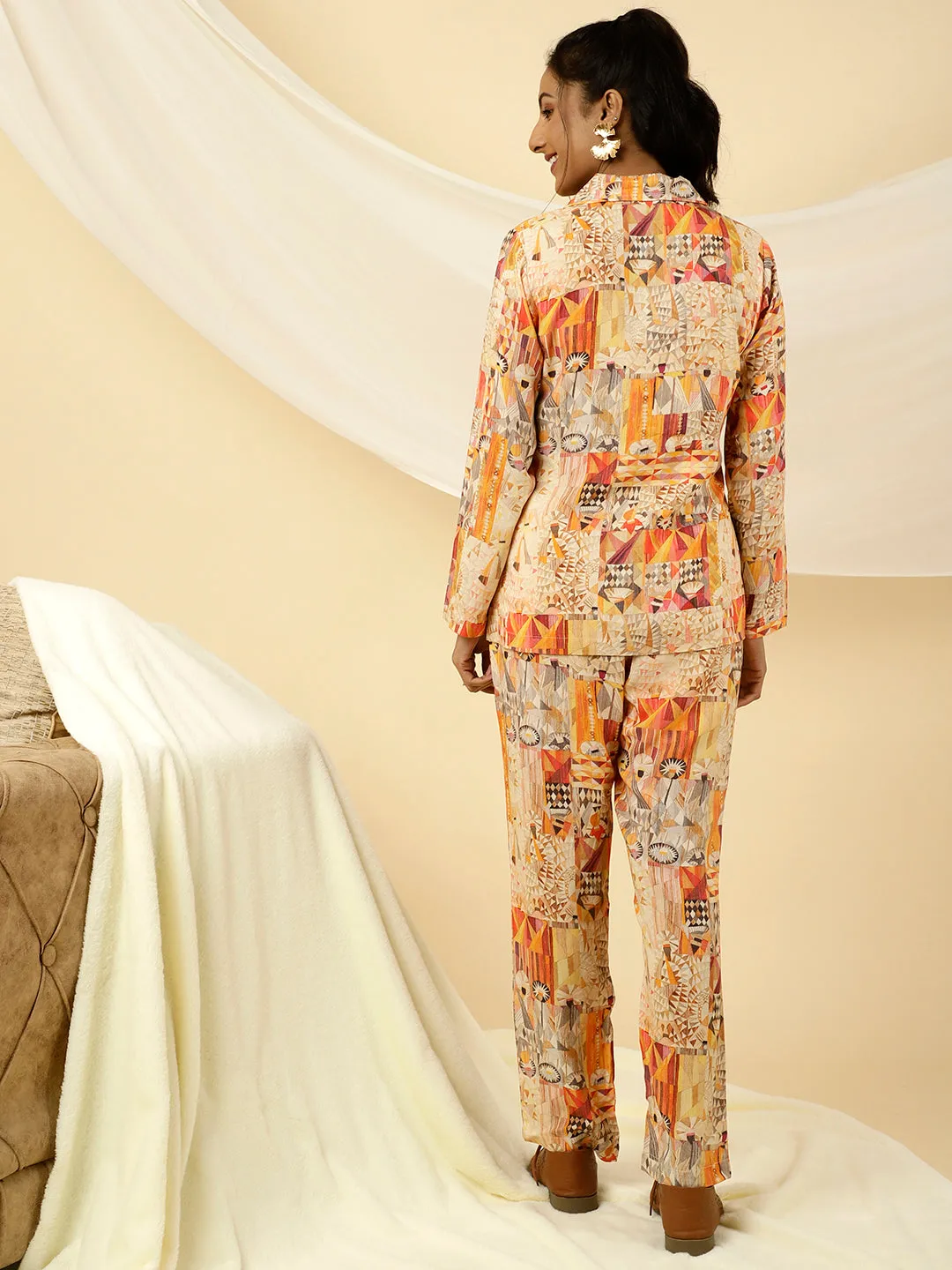 Orange Geometric Print Jacket With Pants Co-ord Set