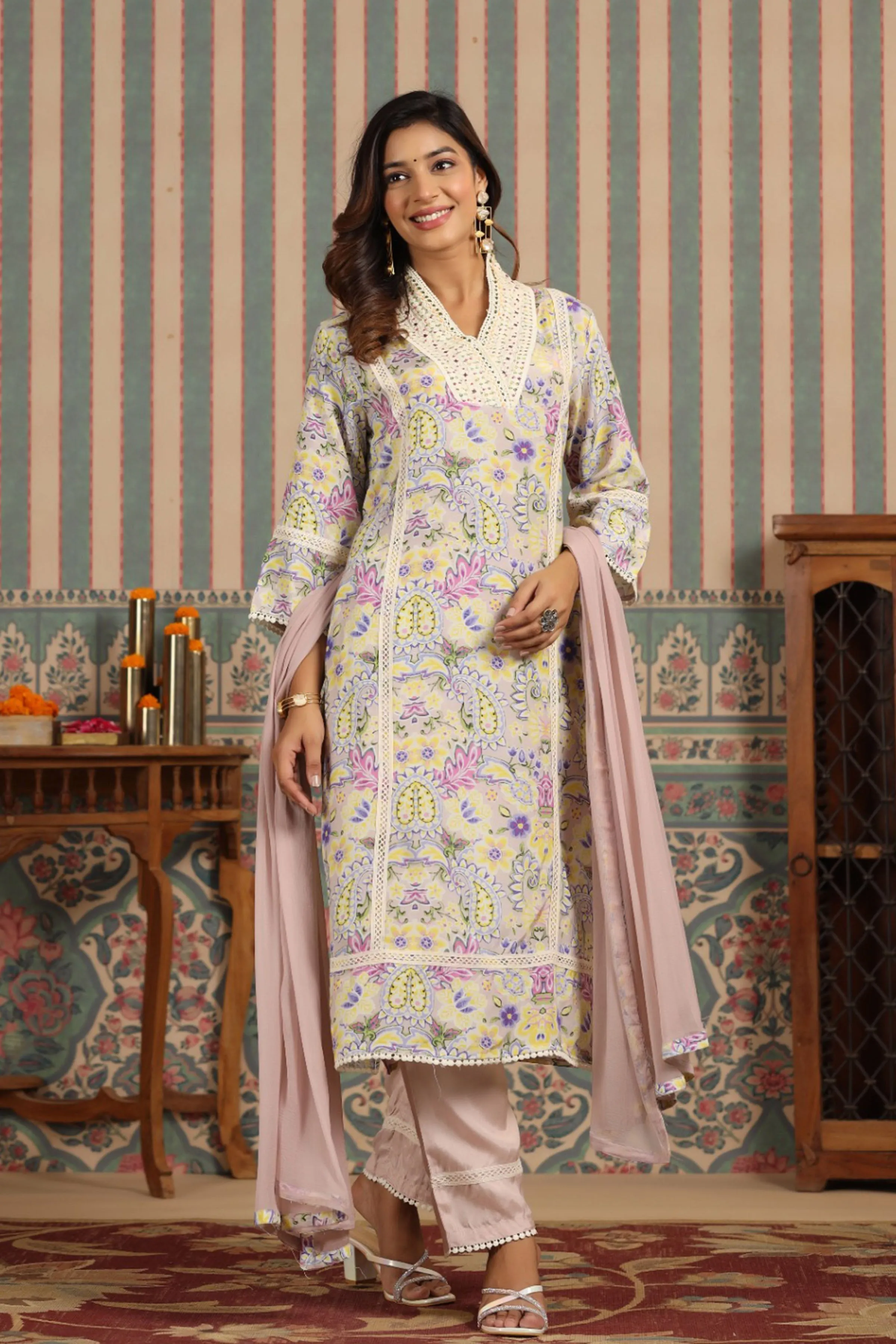 Orchid Creme Muslin Suit Set